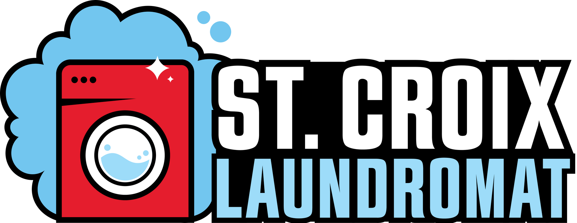 St. Croix Laundromat logo with red washing machine icon and bold black-and-blue text on a light blue background