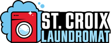 St. Croix Laundromat logo with red washing machine icon and bold black-and-blue text on a light blue background