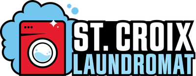 St. Croix Laundromat logo with red washing machine icon and bold black-and-blue text on a light blue background