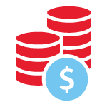 Red stacked coins with a blue dollar sign icon in front