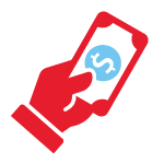 Red hand holding money with a blue currency symbol on the screen