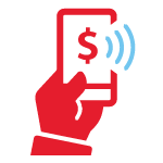 Red hand holding a smartphone with dollar sign and blue signal waves, suggesting mobile payment.