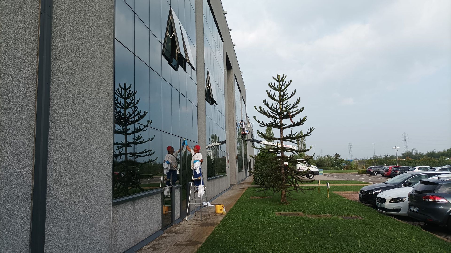 Persone in piedi davanti a un edificio per uffici in vetro, accanto a un parcheggio erboso e ad alti alberi.