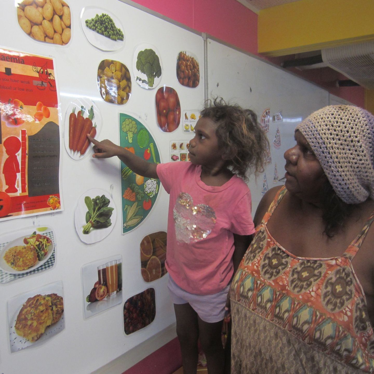 A woman and a little girl are looking at pictures of fruits and vegetables on a white board