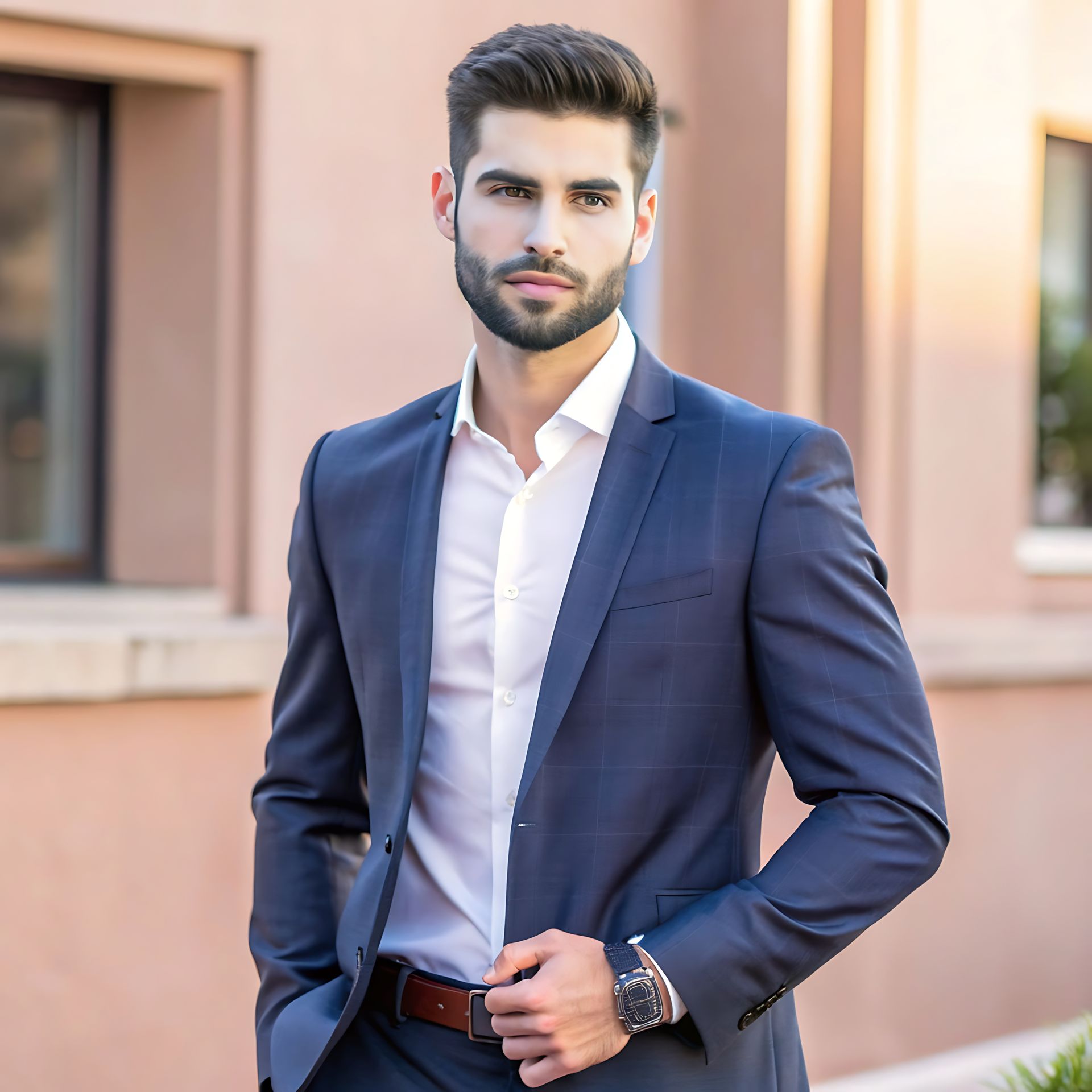 A man in a suit and white shirt is standing in front of a building.