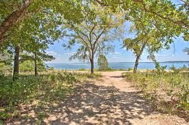 A dirt path leading to a beach surrounded by trees and bushes.