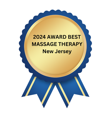 Blue-and-gold award ribbon reading “2024 Award Best Massage Therapy New Jersey”