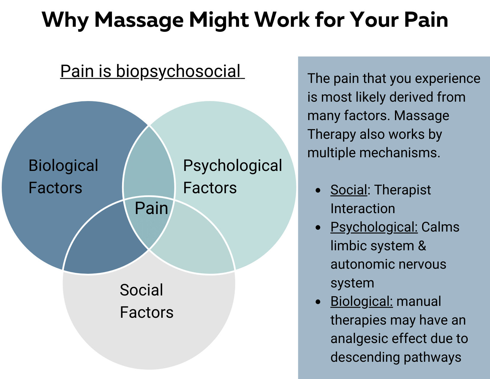 Diagram: Venn diagram explaining pain's biopsychosocial aspects and how massage helps.