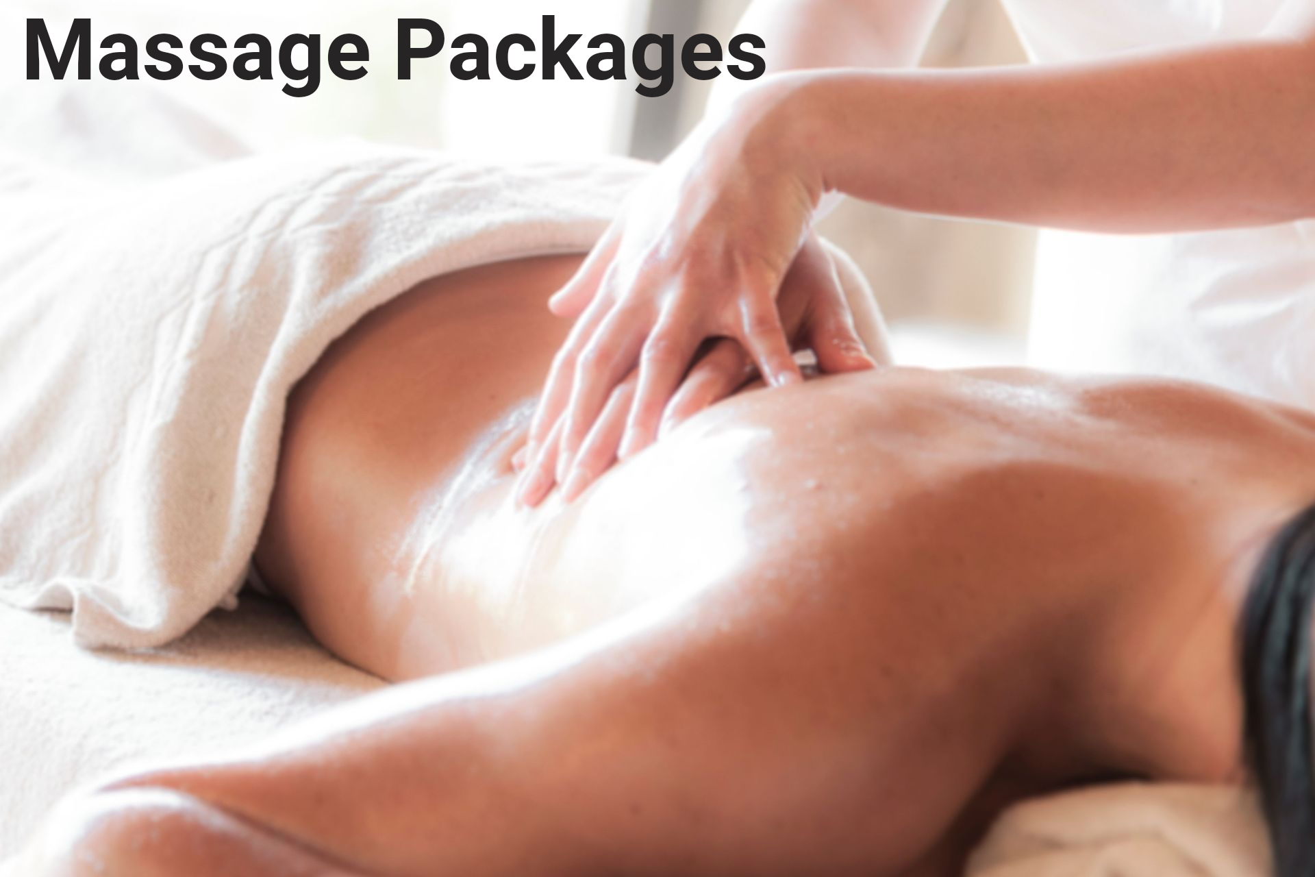 Massage therapist giving a back massage with “Massage Packages” text overlay
