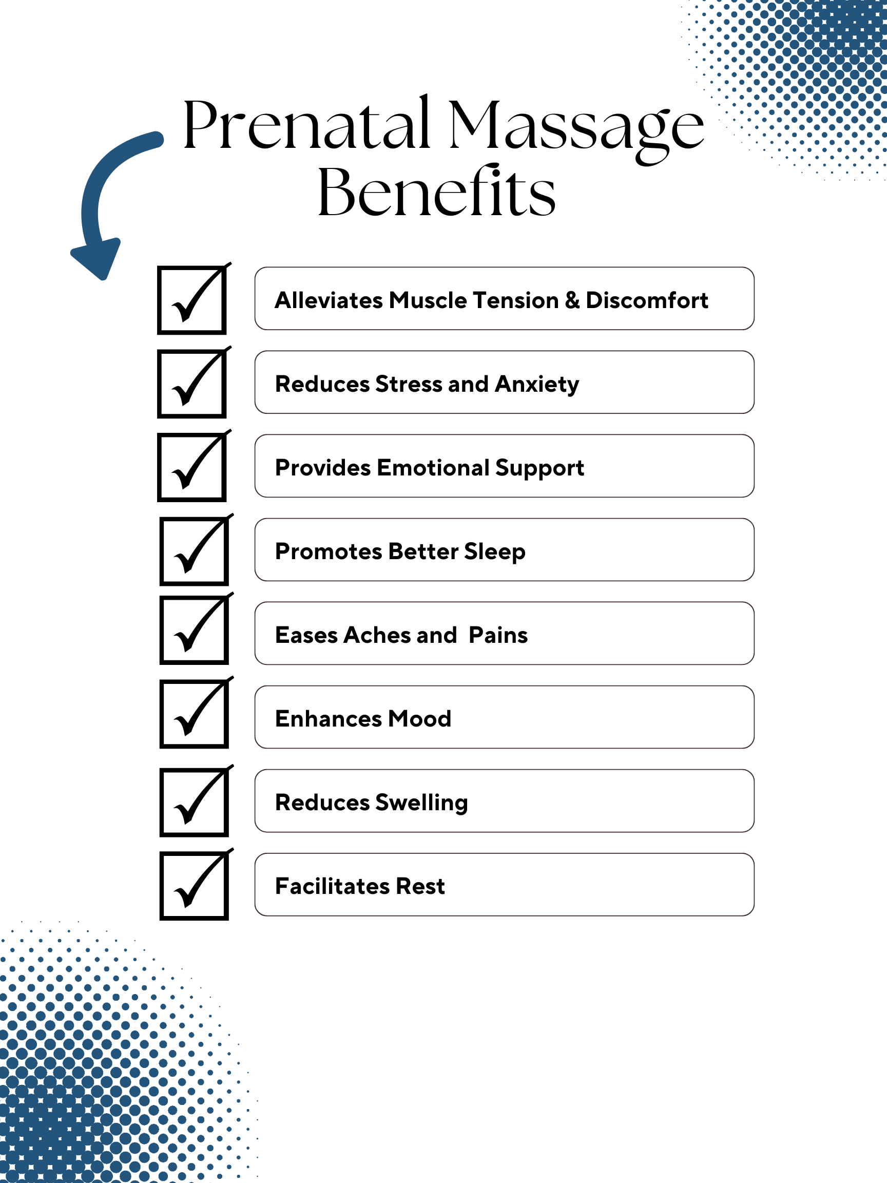 A checklist of prenatal massage benefits with a blue arrow pointing to the right.