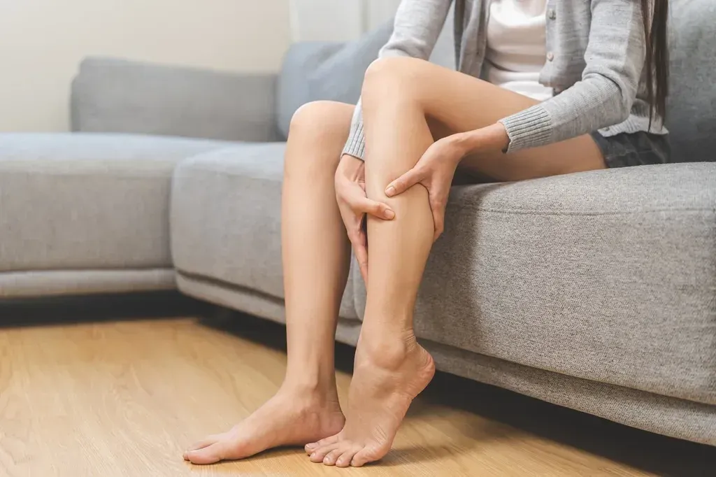Person rubbing a sore calf while sitting on a gray sofa in a bright living room