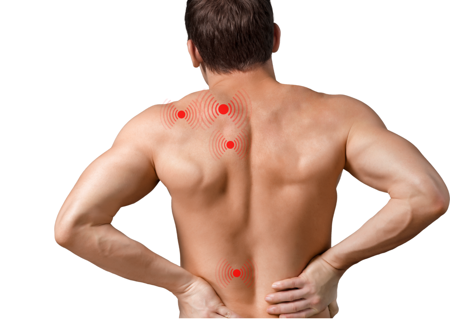 A shirtless man is holding his back in pain.