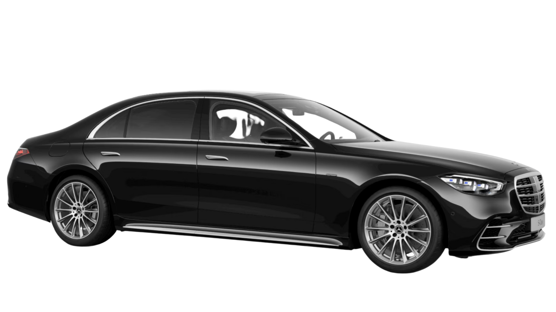 A black mercedes benz s class is shown on a white background.
