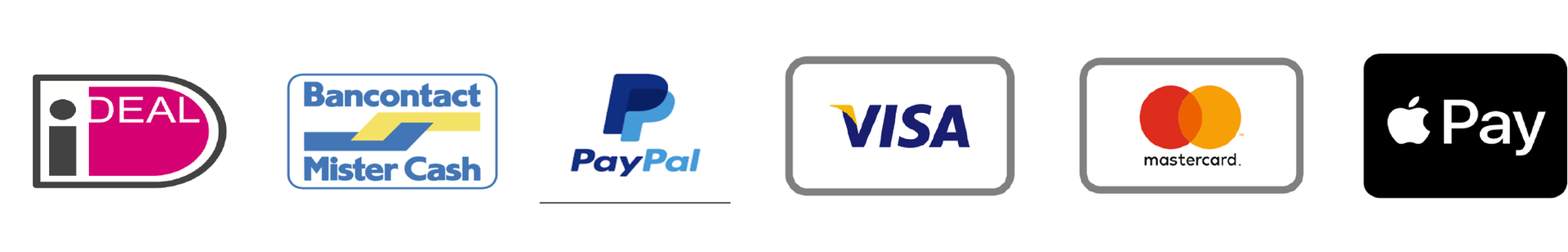 Een rij met betaalpictogrammen, waaronder PayPal, Visa, Mastercard en Apple Pay