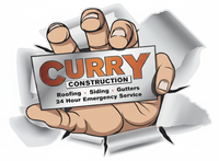 Hand tearing through paper, holding Curry Construction business card: roofing, siding, gutters, 24-hour emergency service.