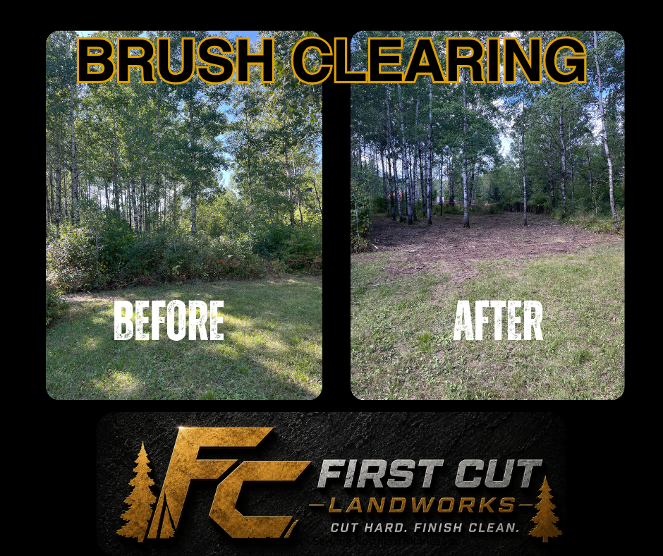 Brush clearing before-and-after with wooded lot transformed to open ground; First Cut Landworks logo below