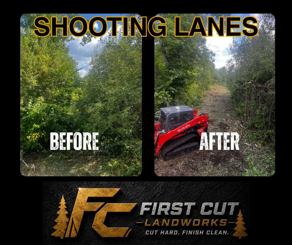 Before-and-after forest trail clearing for shooting lanes, with red ATV and First Cut Landworks logo.