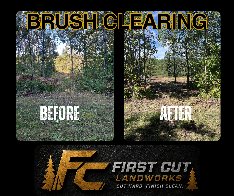 Brush clearing before-and-after wooded lot with First Cut Landworks logo