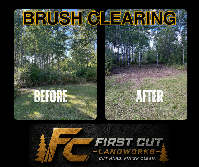Brush clearing before-and-after with wooded lot transformed to open ground; First Cut Landworks logo below