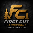 First Cut Landworks logo with gold FC letters, pine trees, and tagline “Cut hard. Finish clean.”