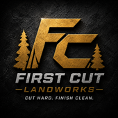 First Cut Landworks logo with gold FC letters, pine trees, and tagline &ldquo;Cut hard. Finish clean.&rdquo;