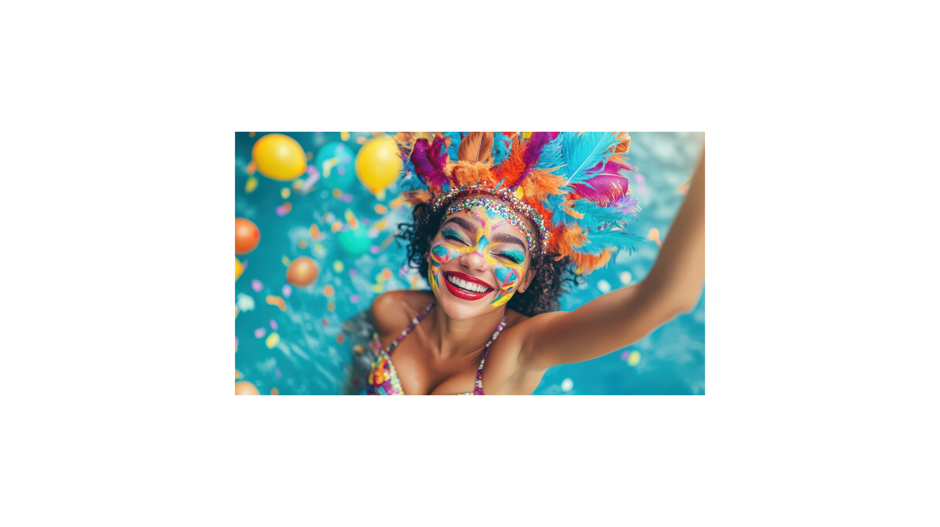 Alegria de Carnaval na piscina, com fantasia colorida e confetes