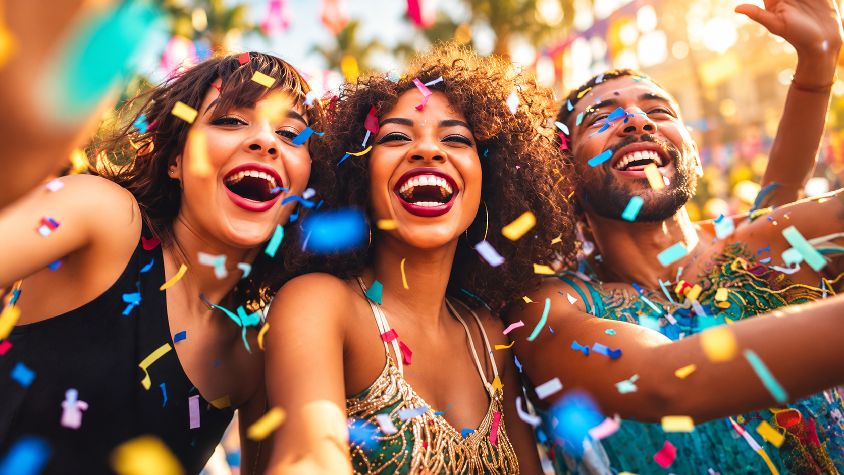 Amigos celebrando o Carnaval com alegria e confetes
