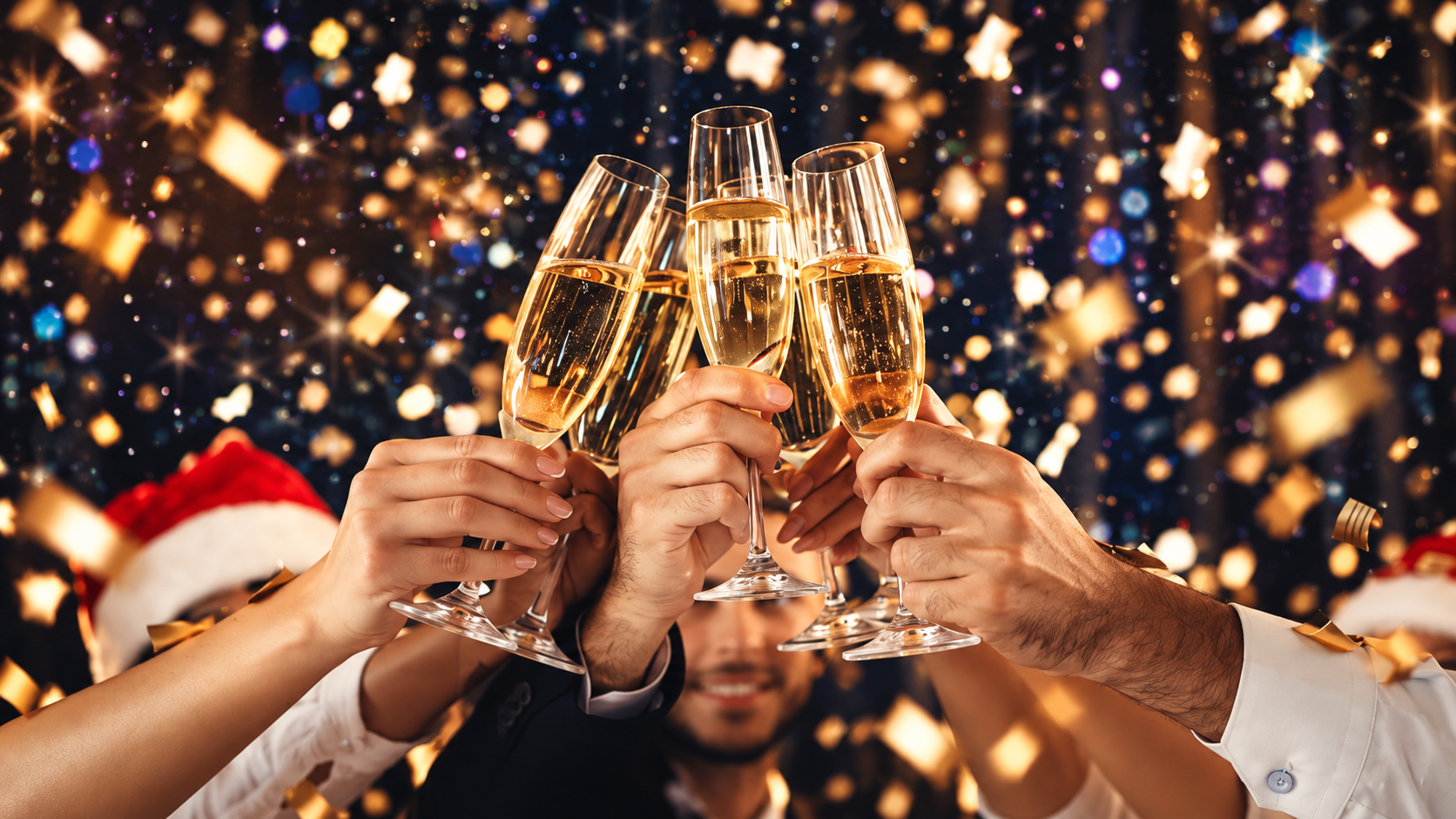 Brinde de Réveillon com taças e confetes — imagem ilustrativa