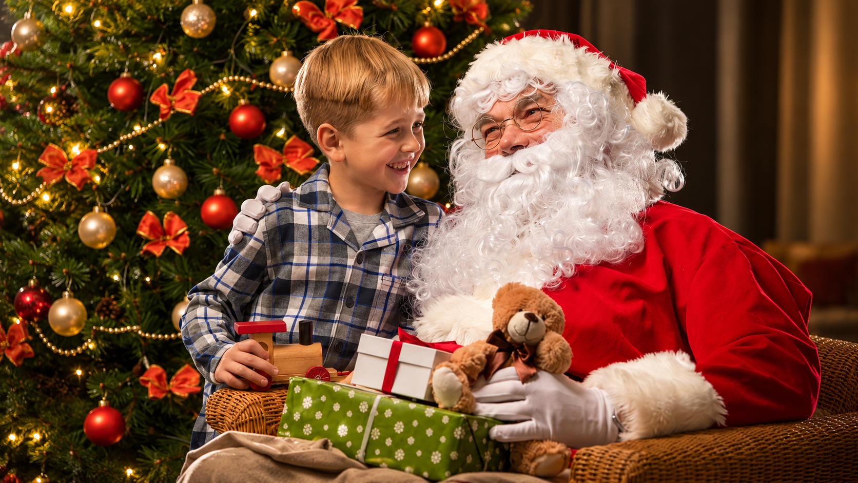 Menino com Papai Noel e presentes junto à árvore de Natal