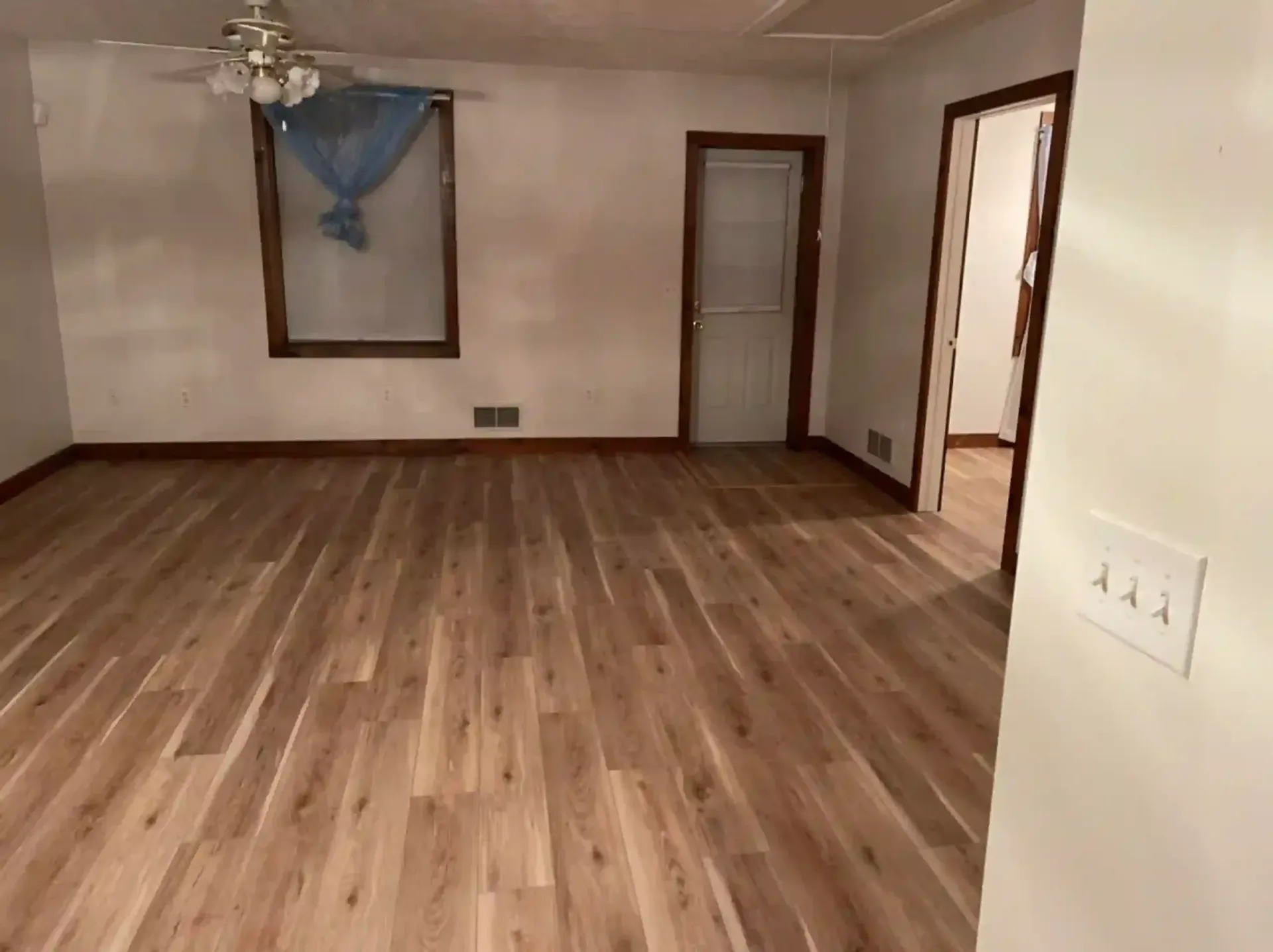 Empty room with wood-look flooring, white walls, and a window with a blue covering; door leads to another room.