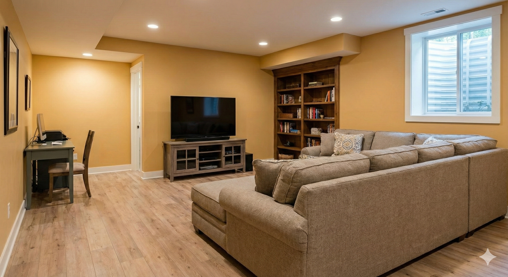 Empty room with wood-look flooring, white walls, and a window covered with blue material.