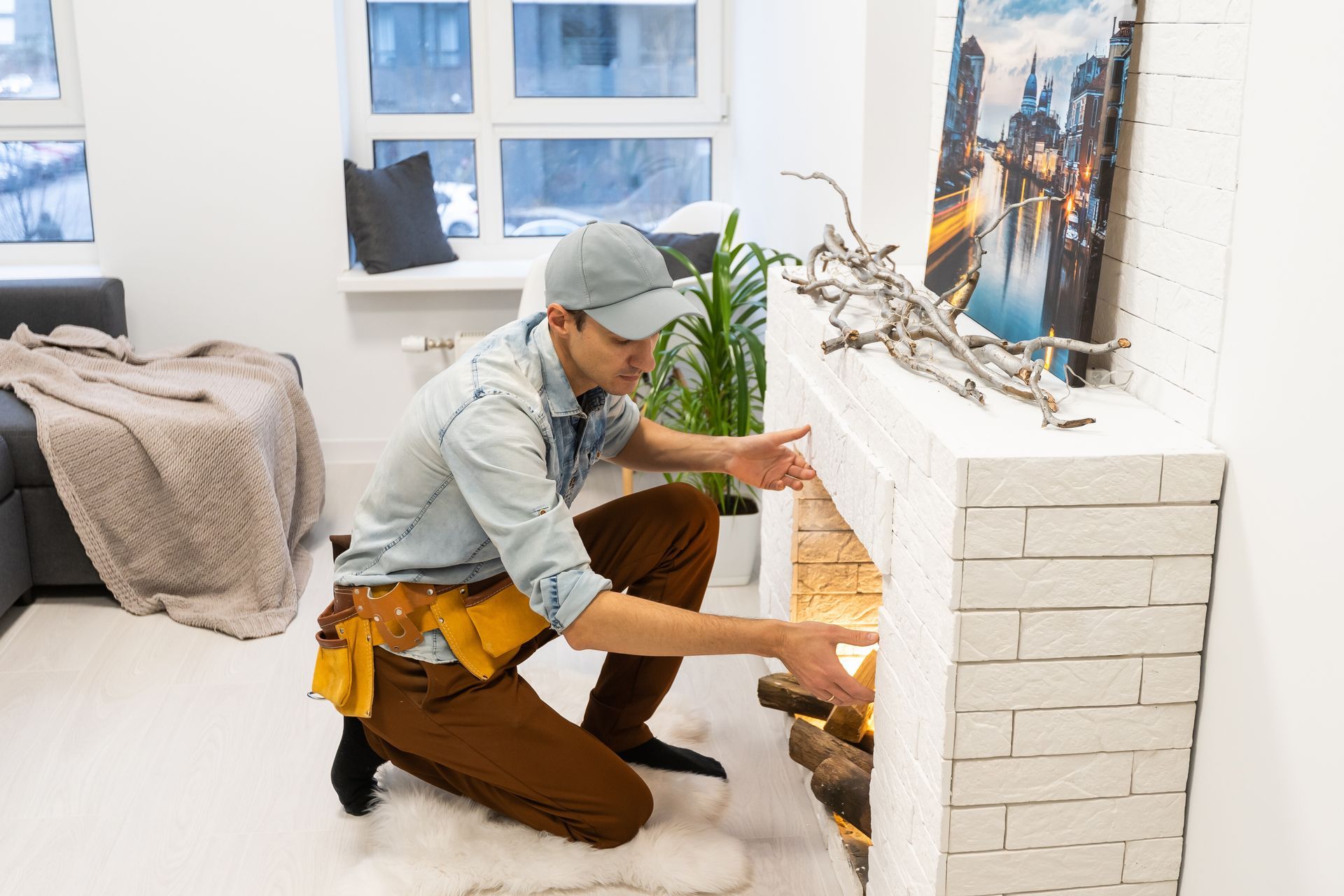 Service technician repairing a fireplace in a home. Service technician repairing a fireplace in a home.