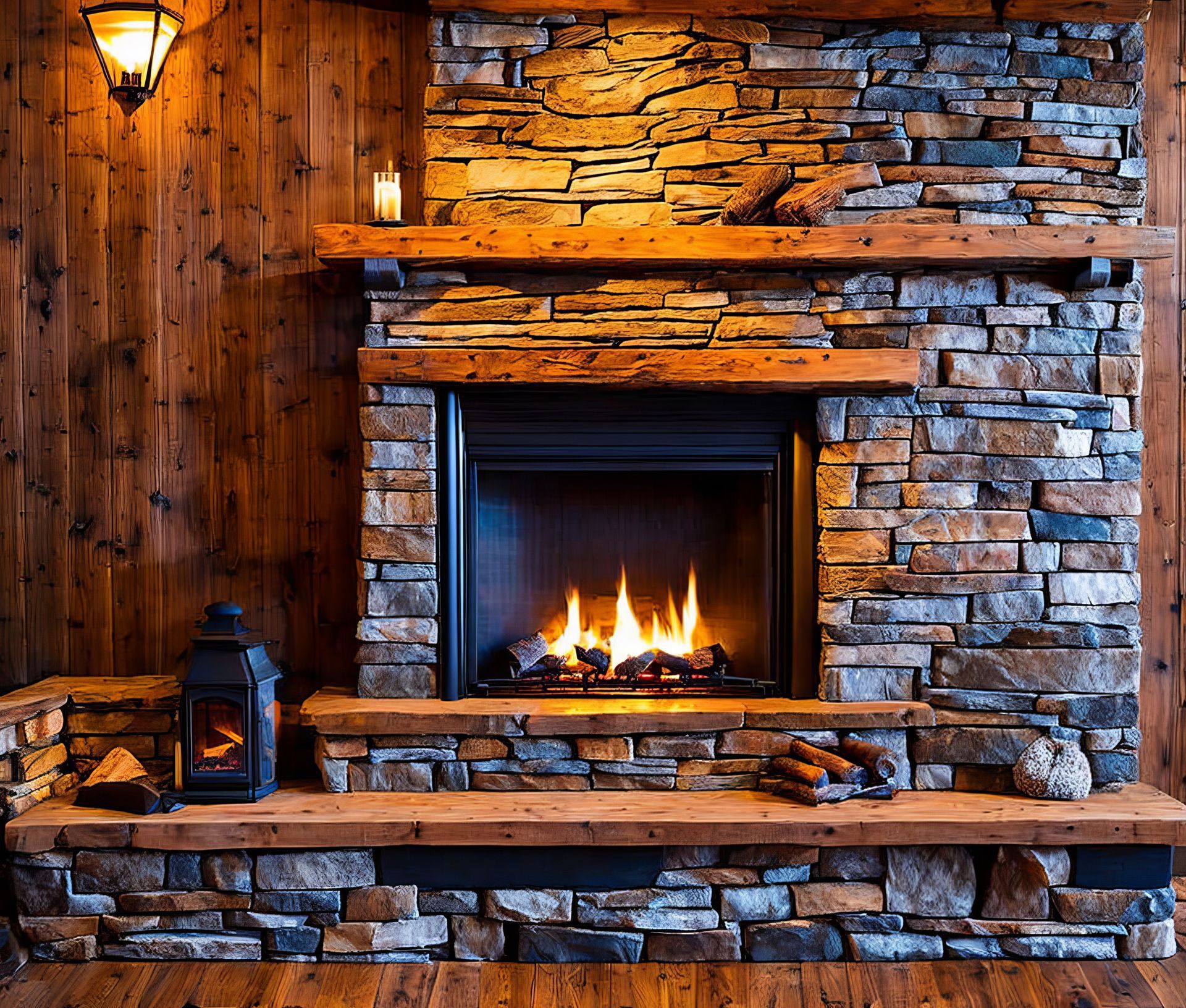 Rustic stone fireplace with a wooden mantel and a burning fire inside