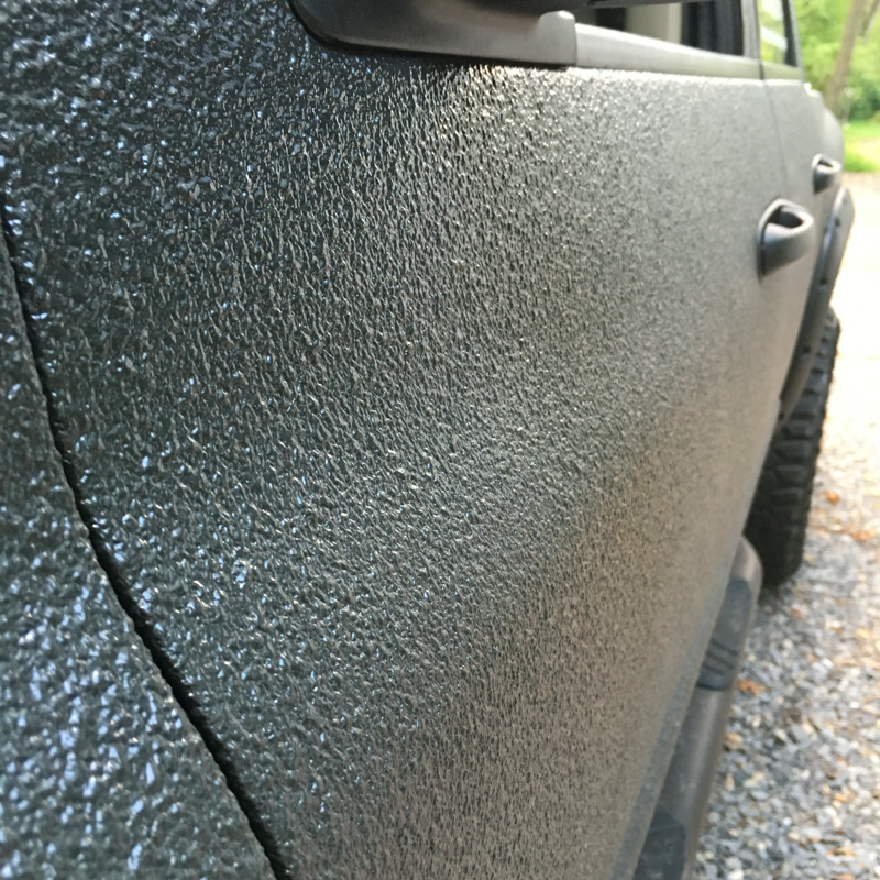 Close-up of a textured black vehicle door and handle beside a gravel path