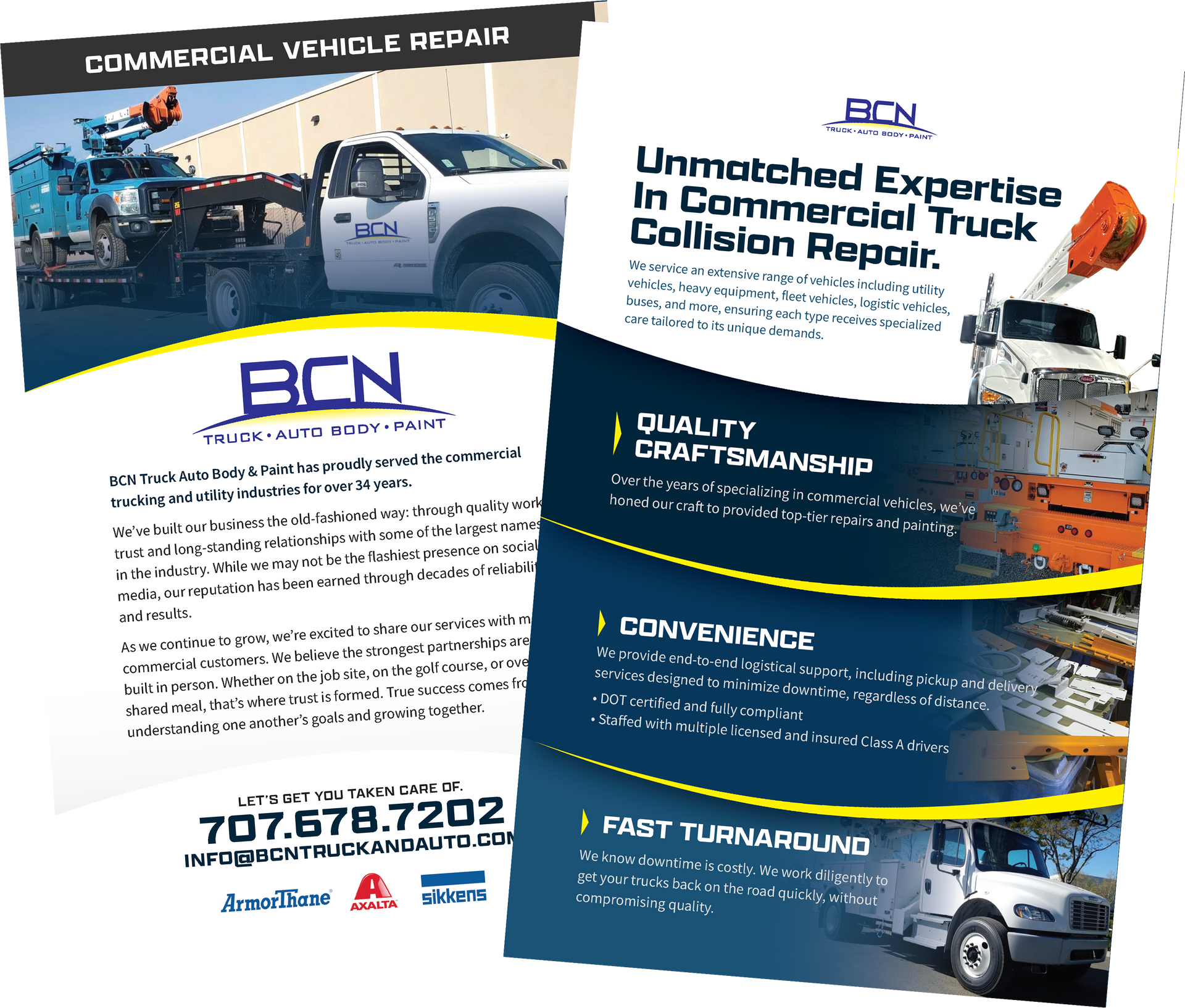 BCN commercial vehicle repair brochure with truck images and bold blue-white-yellow branding