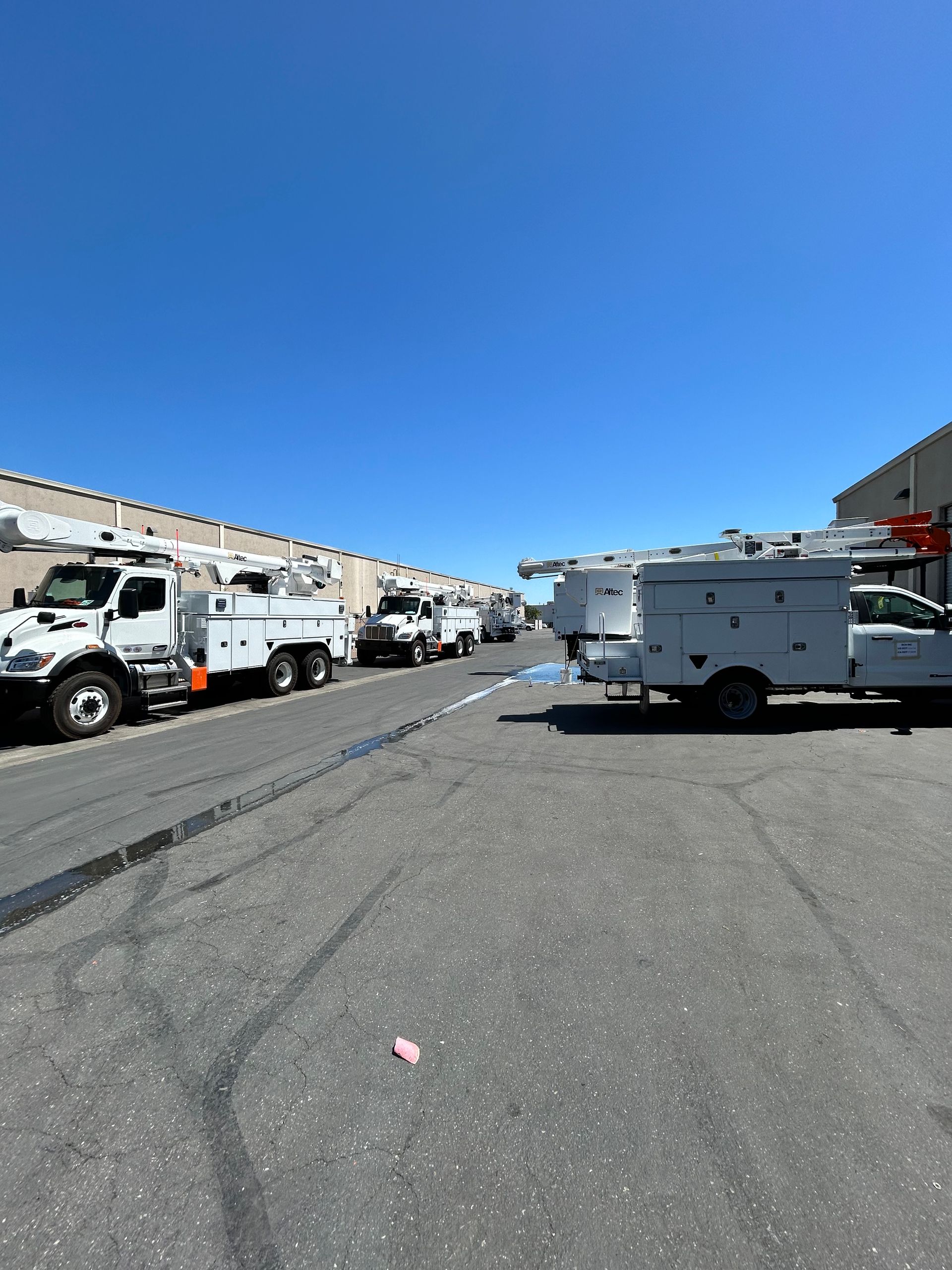 A utility fleet lined up at BCN's Woodland shop for refurbishment and refinishing.