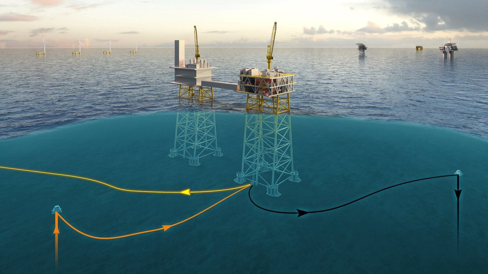 An artist 's impression of an oil rig in the ocean.