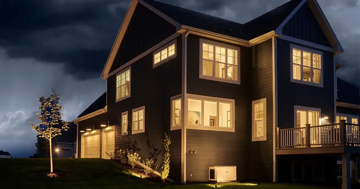 Two-story dark house at night, lit from within and by outdoor lights, under a stormy sky.