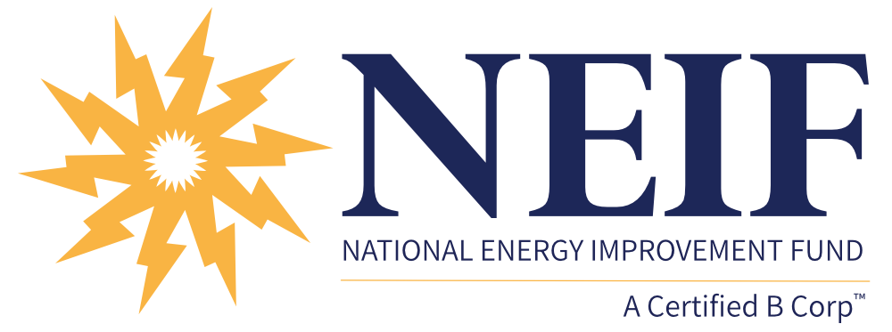 Logo for National Energy Improvement Fund, with a gold lightning bolt design and dark blue text.