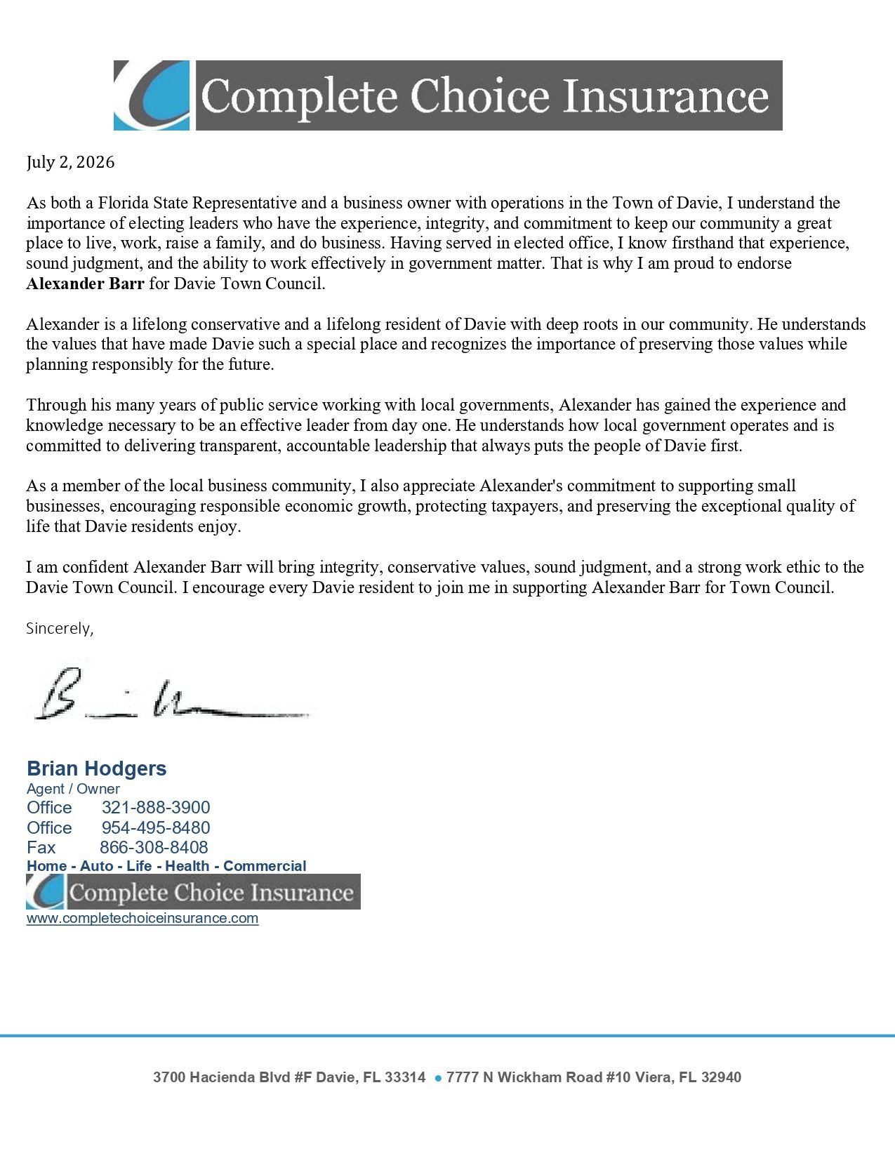 Letter on Complete Choice Insurance letterhead with signature and contact details at bottom Letter on Complete Choice Insurance letterhead with signature and contact details at bottom