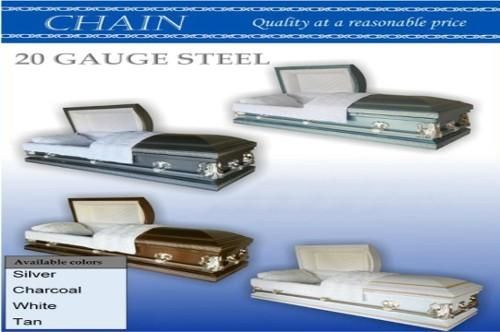 Caskets in four colors: silver, charcoal, white, and tan. All are 20 gauge steel.