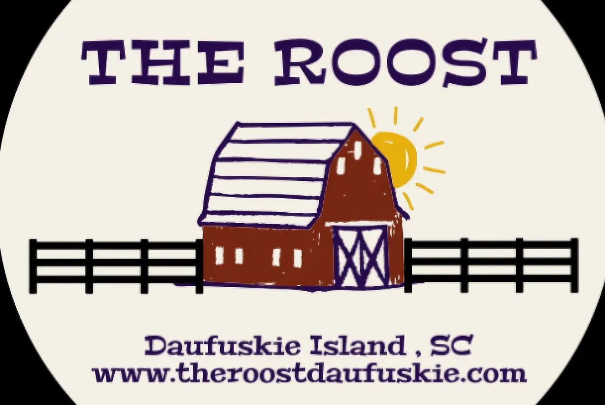 Logo for The Roost on Daufuskie Island, SC, featuring a brown barn with a yellow sun, black fence, and website.