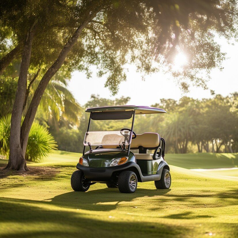 Green golf cart on a grassy course, sunlight streaming through trees.