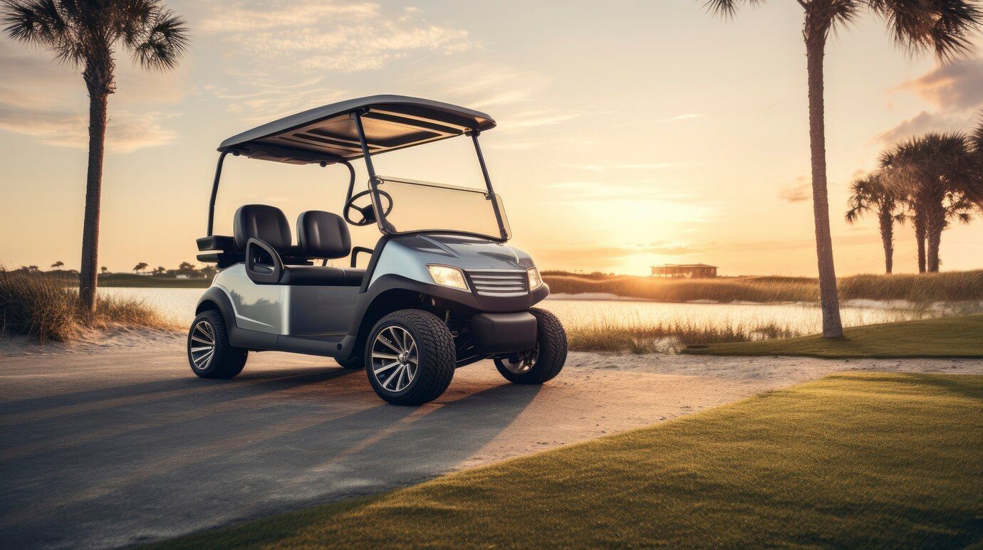 Golf cart on a paved path at sunset, near a lake and palm trees.