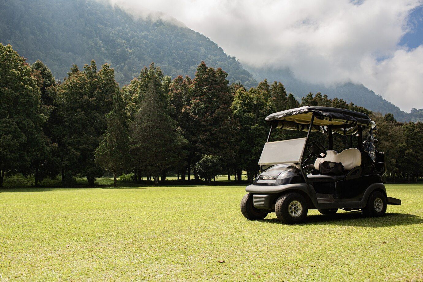 Stationary golf cart on a trail by the water with homes and greenery in the background