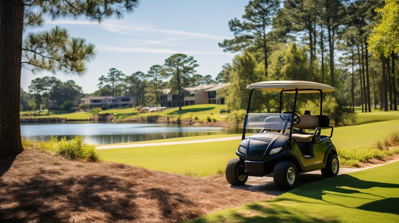 Golf cart on a grassy path beside a lake and golf course, sunny day.