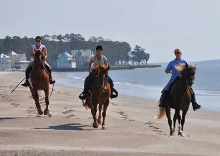 Three people horseback riding on a sandy beach near the ocean on a sunny day.