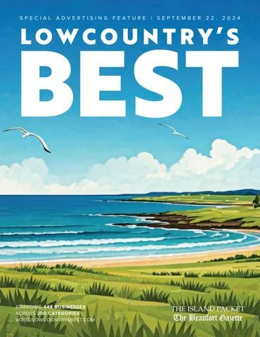 Lowcountry's Best magazine cover. Ocean scene with beach, dunes, blue sky, and two seagulls.