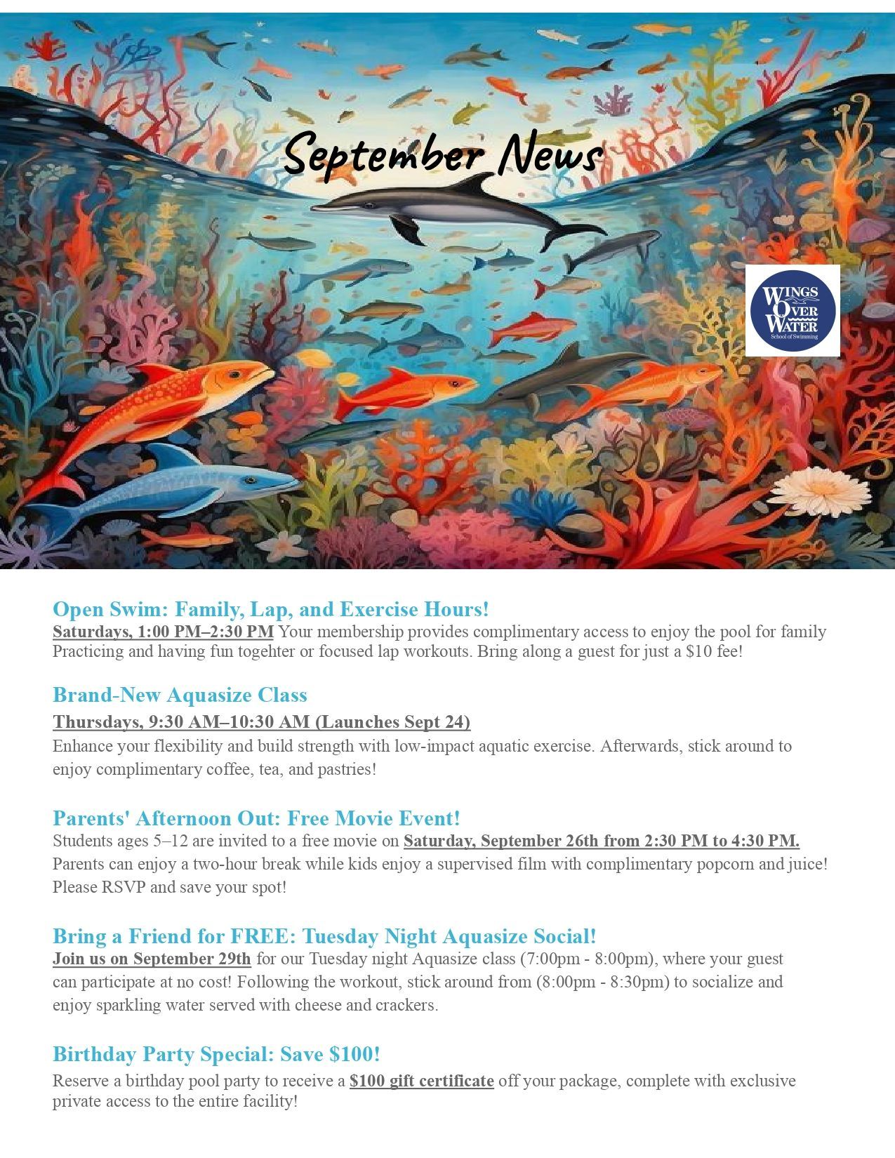 Private Swimming Lesson — Baldwin Place, NY — Wings Over Water School of Swimming April News flyer listing family swim times, a kids' movie night, and a refer-a-friend rewards program.