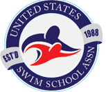 The logo for the united states swim school association shows a person swimming in the water.